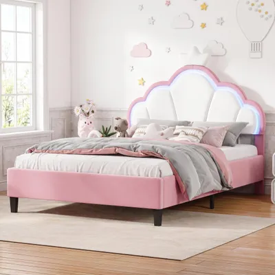 Zdjęcie produktu dla Łóżko podwójne INONEFT, 140 × 190 cm, łóżko dziecięce z zagłówkiem w kształcie korony i oświetleniem LED, łóżko tapicerowane z listwowym stelażem, aksamit, różowe i białe, bez materaca