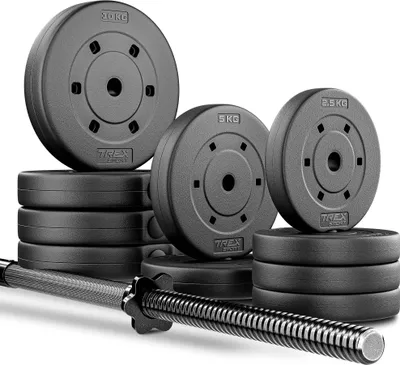 Produktbild von TREX SPORT Langhantel Set 66 kg | Hantelset mit Langhantelstange 150 cm, Kunststoff Hantelscheiben, Sternverschlüsse | Home Gym Krafttraining