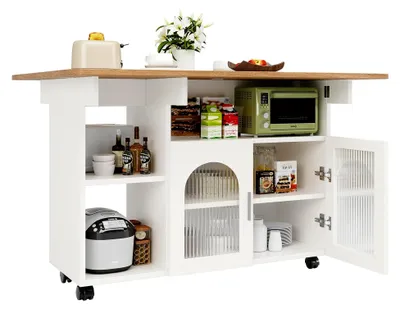 Produktbild von Kücheninsel, modernes Küchensystem, Küchenschrank, abnehmbarer Servierwagen, Buffetschrank, Speisewagen mit Holzmaserung, multifunktionaler Esstisch mit Stauraum, weiß