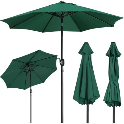 Multiple views of a green patio umbrella, including one open and two closed.