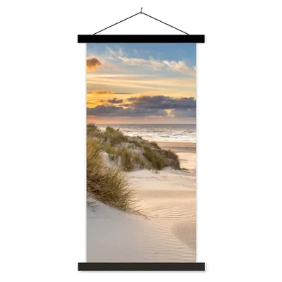 Produktbild von MuchoWow® Textilposter Strand - Düne - Gras - Sonnenuntergang - Meer 60x120 cm mit schwarzem Rahmen - Magnete