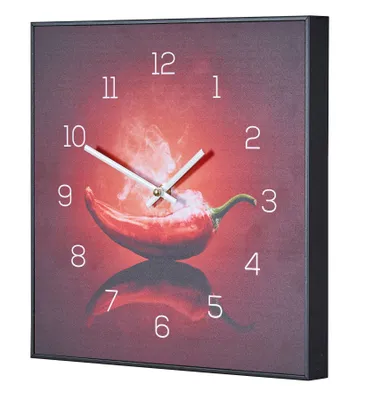 Produktbild von Wanduhr 30x30cm Uhr PVC Rahmen Schwarz Küche Chili Peperoni Wandbild Wanddeko