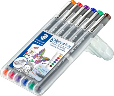 Produktbild von Staedtler Pigment Liner, Blau, Braun, Grün, Orange, Rot, Violett, Schwarz, 0,3 mm, Fein, Rund, Tinte auf Pigmentbasis