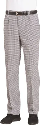 A pair of black and white checkered pants with a black belt, worn by a mannequin.