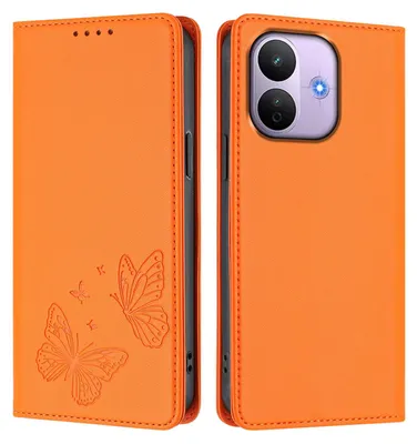 Produktbild von Lederhülle für Xiaomi Redmi Note 17 Pro 5G, Schmetterling Prägung Leder Brieftasche Schutzhülle mit Ständer Orange