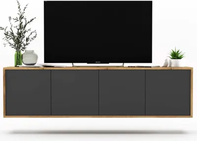 A modern TV cabinet with a television on top, displayed against a white background.