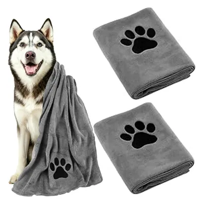 Immagine prodotto di 2 asciugamani per cani in microfibra, grigi, 35 x 75 cm, altamente assorbenti e ad asciugatura rapida