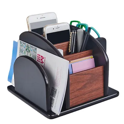 Produktbild von Holz Aufbewahrungsbox mit Drehfunktion,Multifunktional für Stifte,Notizen,Fernbedienungen,6 Fächer Büro Organizer Set