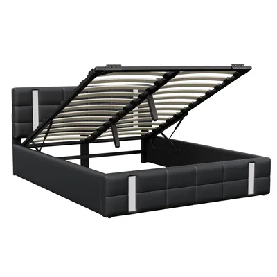 Obrázok produktu pre Čalúnená posteľ 140x200 s USB, skriňová posteľ s lamelovým roštom, posteľ pre mladých s LED, hydraulická úložná posteľ manželská, PU, čierna