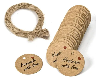 100 herzförmige Geschenkanhänger aus Kraftpapier, 3 cm, mit Juteband