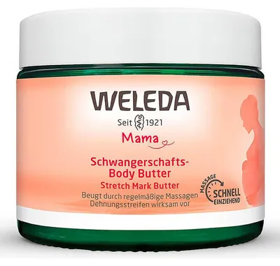 Obrázek produktu pro Weleda Mama Pregnancy Body Butter, Máslo, Ženy, Proti striím, Vyhlazující, Vyživující, Univerzální pleť, 150 ml, Bambucké máslo, Kakaové máslo