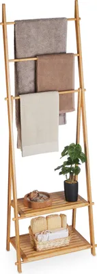 Produktbild von Relaxdays Handtuchständer Bambus, 3 Stangen, 2 Ablagen, HBT: 153 x 53,5 x 30 cm, freistehend, Duschtuchhalter Bad, natur