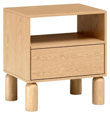 Produktbild von Nachttisch - 54 x 60 cm - Nachtkommode mit Schublade - Bookmatch Eiche - 18 cm Holzfüße - Skandi Design - SANDEN