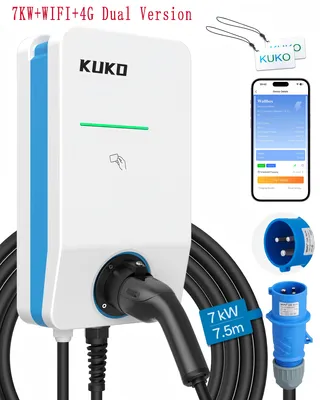 Obrázek produktu pro Nabíječka pro elektromobily typu 2 – 7 kW, nástěnná nabíječka a mobilní nabíječka – 32A, 220V, jednofázová – Wi-Fi, 4G, Bluetooth, ovládání přes aplikaci – OCPP 1.6 – stupeň krytí IP55 – kabel CEE o délce 7,5 m