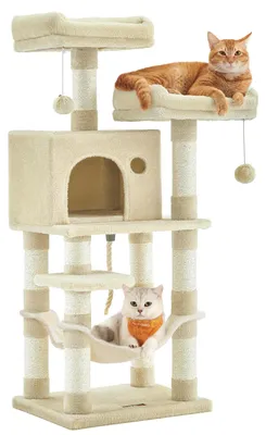 Immagine prodotto di Tiragraffi Feandrea, altezza 112 cm, tiragraffi con 11 colonne, 2 piattaforme, 1 cuccia, 1 amaca, 2 palline di peluche, peluche, struttura a più livelli, beige PCT215M01