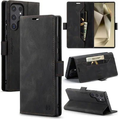 Image de Étui pour Samsung Galaxy S26 Ultra, étui en cuirPolyuréthanerétro, support et étui de protection noir