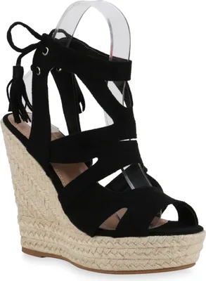 Produktbild von Mytrendshoe Damen Bast Keilsandaletten Cut-Outs Quasten Sommer Schuhe 816039, Farbe: Schwarz, Größe: 36