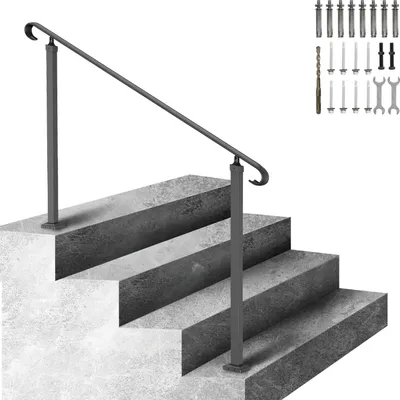 Image de SucceBuy Main courante en fer forgé | Convient pour 2-3 marches | Rampe d'escalier réglable pour l'extérieur | Main courante pour véranda | Noir | Main courante pour escalier en béton ou en bois | Kit de montage inclus
