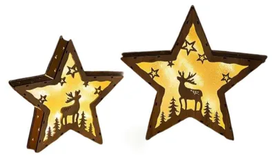 Productafbeelding van 2 stuks LED-houten sterren, bruin, kerstdecoratie, 30 cm