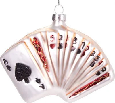A glass Christmas ornament shaped like a fan of playing cards.
