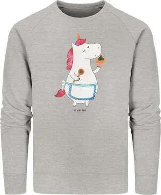 Produktbild von Mr. & Mrs. Panda Baumwoll Pullover Einhorn Küche Größe XXL - Heather Grey - Geschenk, Muffin, Einhörner, Sweatshirt, Sweater, Unicorn, Bäckerin, Pulli, Kuchen, Backen