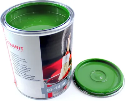 A can of green paint with its lid off, placed on a white background.