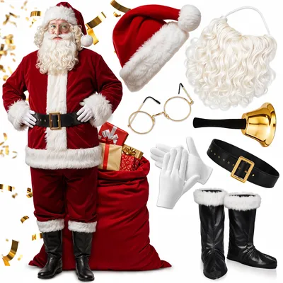 Produktbild von Kuketo | Weihnachtsmann Kostüm Premium 13-teilig – Samtiger Nikolaus Anzug Mit Gürtel, Bart & Zubehör – Authentisch & Hochwertig