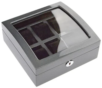 Produktbild von Luxus Carbon-Uhrenbox für 6 Uhren – Quadratisch, Hochglanz-Klavierlack & Schwarzer Samt