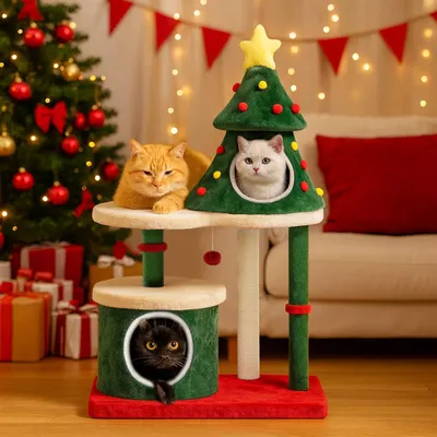 Zdjęcie produktu dla Drapak i drzewko do wspinania się – CAT TREE-C – wzór choinki – dwa poziomy – drewno – domek dla kota – słupki do drapania z piłką – kolor czerwony