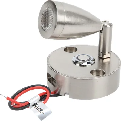 A close-up studio shot of a brushed nickel LED reading light with a touch dimmer and USB charging port.