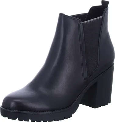 A black leather Chelsea boot with a platform and block heel is shown against a white background.