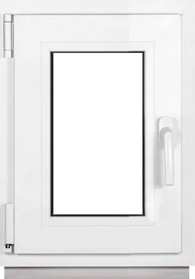 A white window frame with a clear glass pane, a white handle, and hinges.