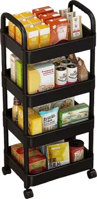 Produktbild von Servierwagen, Bücherregale, Küchenwagen,  4 Etagen, Aufbewahrungswagen, mit Rollen, Standregal, Organizer, 36 x 24 x 100 cm, Schwarz
