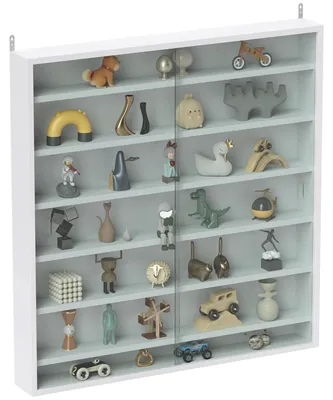 Image de Vitrine murale pour objets de collection - 7 niveaux - Étagères réglables - 2 portes coulissantes en verre - 80 x 9,5 x 83 cm - Blanche