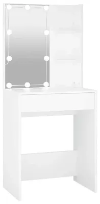 Image de Table de maquillage - Table de coiffure - Miroir avec éclairage intégré - Rangement - Bois - 60x40x140 cm - Blanc
