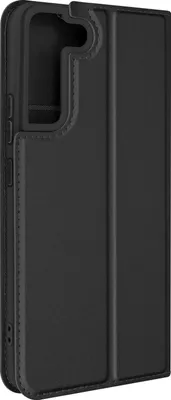 A black flip case for a smartphone is shown from a side angle.