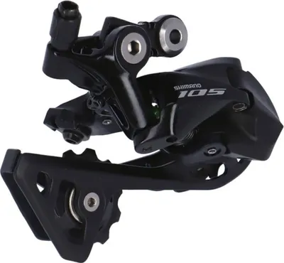 A black bicycle rear derailleur is shown against a white background.