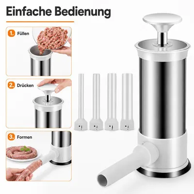 Produktbild von Wurstfüller manuell Edelstahl, 2.2LB Wurstpresse mit 4 Füllrohren, Wurstfüllgerät für hausgemachte Wurst, BBQ & Grill Zubehör