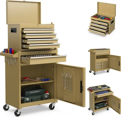 A collage of images showing a tan-colored rolling tool chest with multiple drawers and a cabinet, along with some of its contents and a smaller, closed version of the chest.