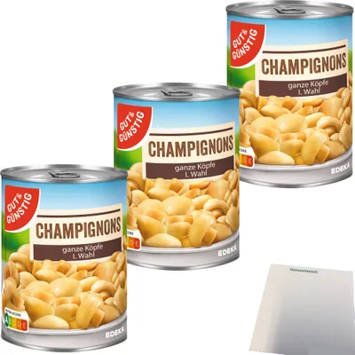 Produktbild von Gut & Günstig Champignons 1. Wahl ganze Köpfe 3er Pack (3x400g Dose) + usy Block