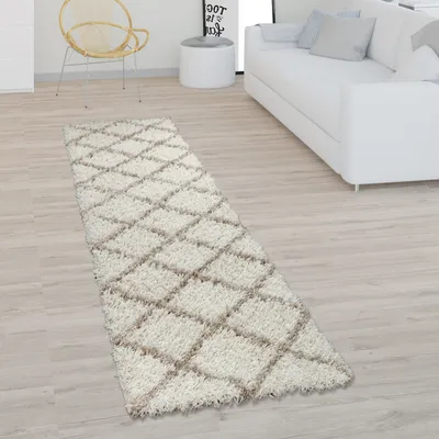 Produktbild von Teppich Wohnzimmer Hochflor Shaggy Skandi Design Mit Rauten Muster, Modern Beige Grösse 80x150 cm
