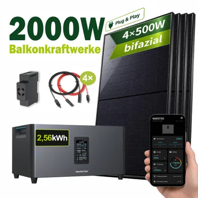 Produktbild von 2000W Balkonkraftwerk mit 2,56 kWh Speicher MARSTEK Jupiter C + Plus, 4x500W BIFAZIAL FULLBLACK Solarmodule Solaranlage Solarspeicher mit Smart Meter