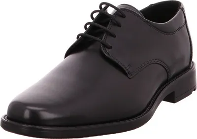 A black leather dress shoe is shown from a side angle against a white background.