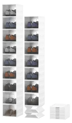 Productafbeelding van Opvouwbare schoenendozen, set van 9, stapelbaar, transparante deurtjes, kunststof, wit, geschikt tot maat 46
