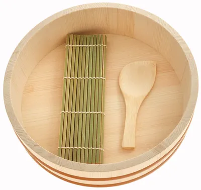 Immagine prodotto di Set per la preparazione del sushi, composto da: riso per sushi (27 cm), ciotola di legno (Hangiri), 3 cucchiai e 1 tappetino