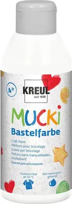 Produktbild von KREUL 24201 - Mucki Bastelfarbe für Kinder, 250 ml in weiß, Kindermalfarbe auf Wasserbasis, parabenfrei, glutenfrei, laktosefrei und vegan, auswaschbar, vermalbar mit Pinsel und Schwamm