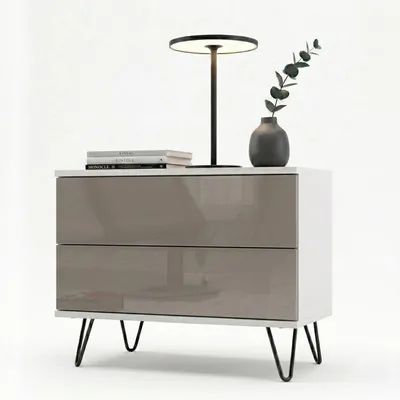 Produktbild von InnoFurn Nachttisch Aura, 2 Schubladen, Push-to-Open, Weiß matt/Sandgrau Hochglanz, 60 x 43 x 35 cm