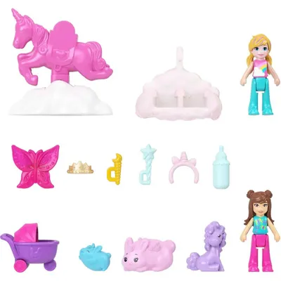 Produktbild von Polly Pocket 2-in-1-Bunny Fun Schatulle, tragbares Taschen-Spielset mit 2 Puppen und 12 Zubehörteilen inklusive Tieren, 4 Jahr(e), Junge/Mädchen, 140 mm, 800 g, Mehrfarbig