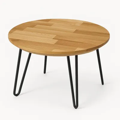 Image de regalik Table basse ronde en chêne Ø80 cm – pieds métal noir, bois massif, H43 cm, table de salon moderne, table d’appoint robuste