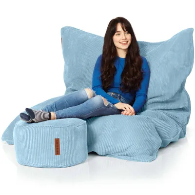 Produktbild von Green Bean® XXL Sitzsack 140x180 cm mit Hocker – Riesensitzsack aus weichem Cord Stoff – inkl. Fußhocker 45x25 cm – gefüllt mit EPS Perlen – Lounge Sitzsack für Erwachsene, Gaming, Relax, Wohnzimmer